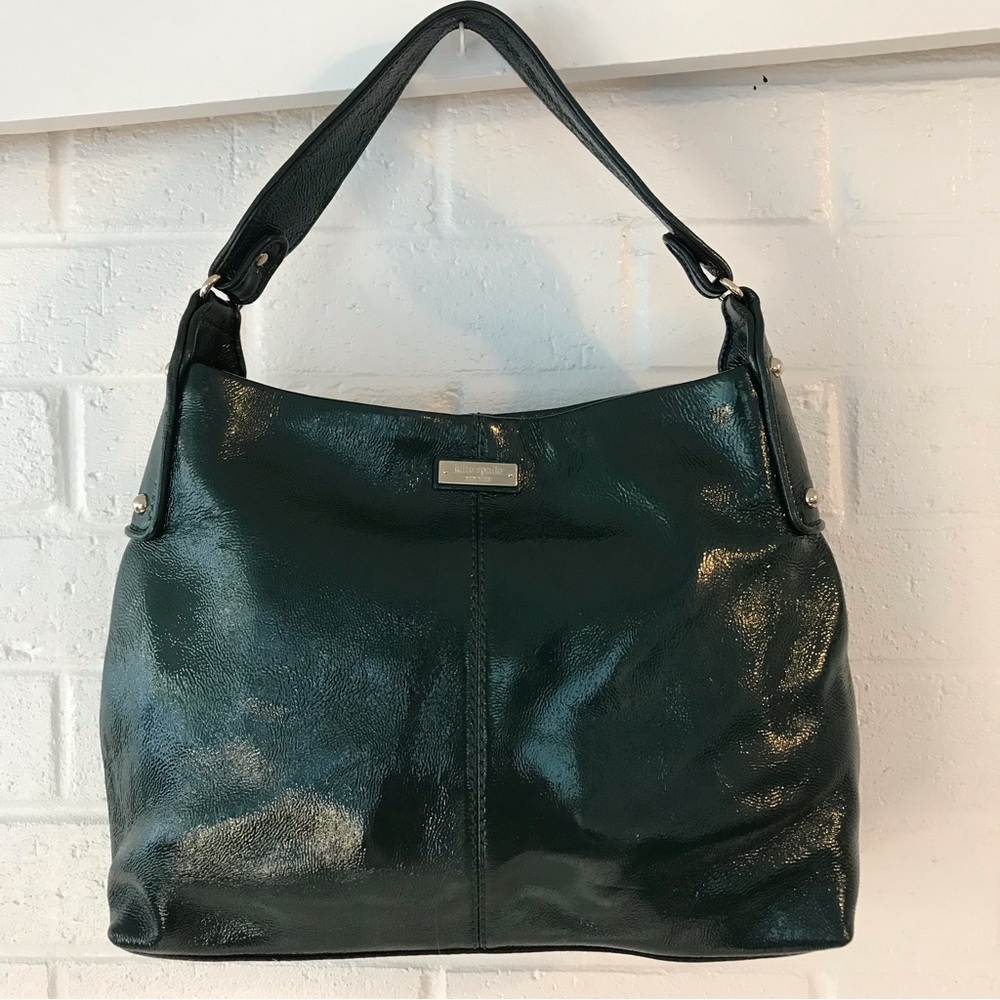 Kate Spade Purse Metallic a dark Green Leather Silver Accents Shoulder Bag Tote